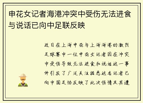 申花女记者海港冲突中受伤无法进食与说话已向中足联反映