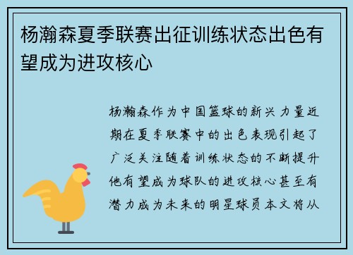 杨瀚森夏季联赛出征训练状态出色有望成为进攻核心